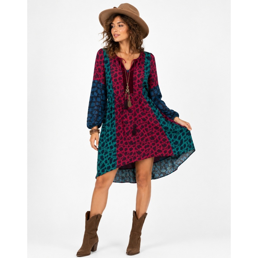 Boho Western High Low Dress M Jewel‎ Tone Floral Velvet Trim Festival Cowgirl